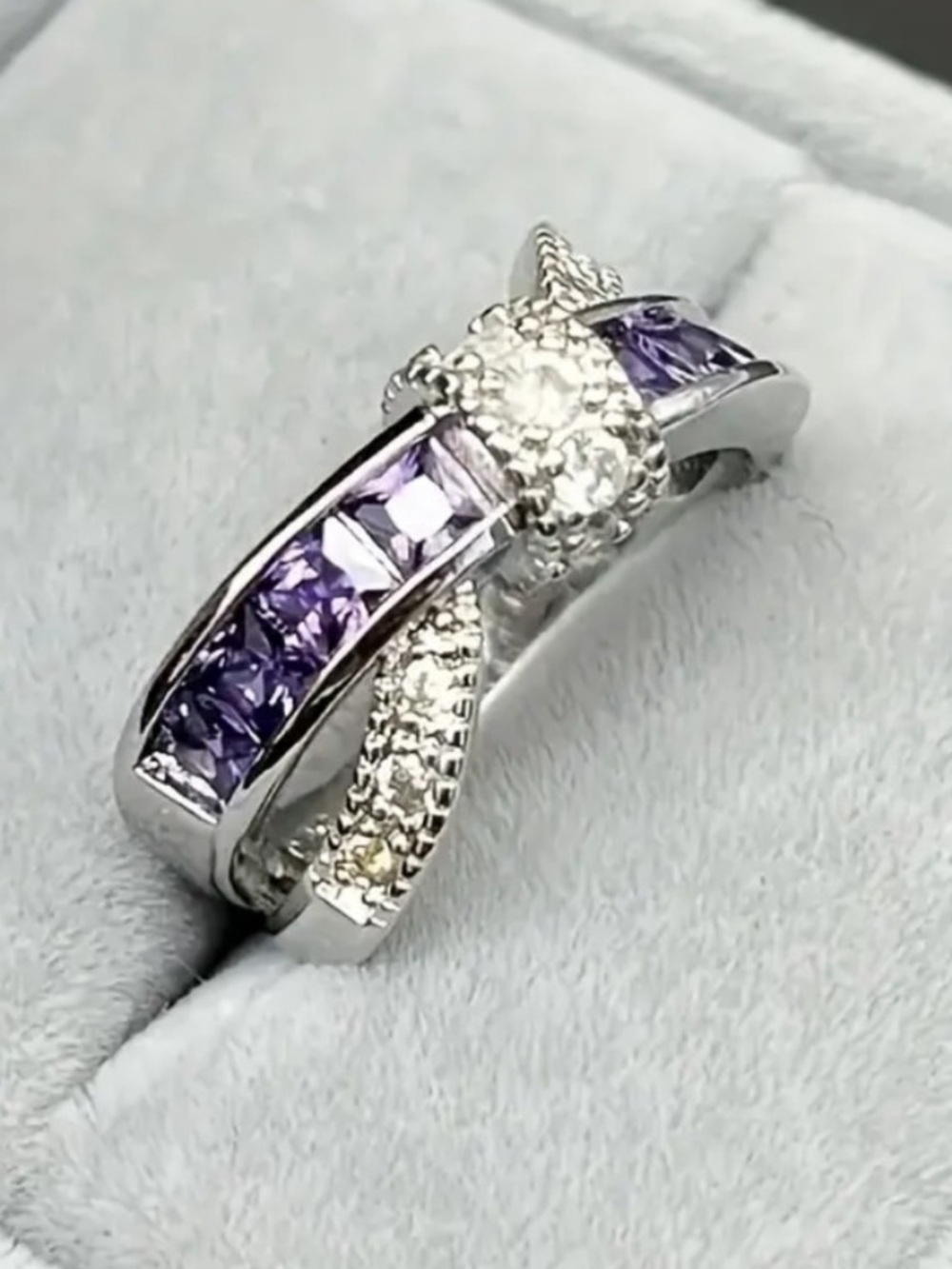 Silver Tone Purple Amethyst Band Ring with Diamond Accents